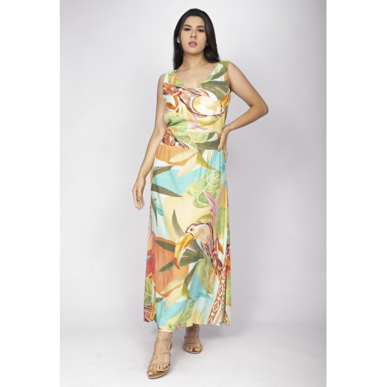 Vestido Midi Plano Estampa Samba das Cores