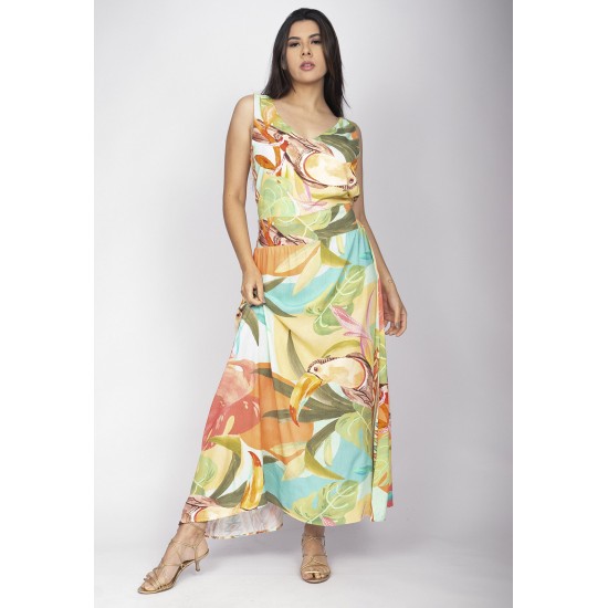 Vestido Midi Plano Estampa Samba das Cores