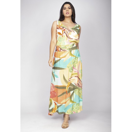 Vestido Midi Plano Estampa Samba das Cores