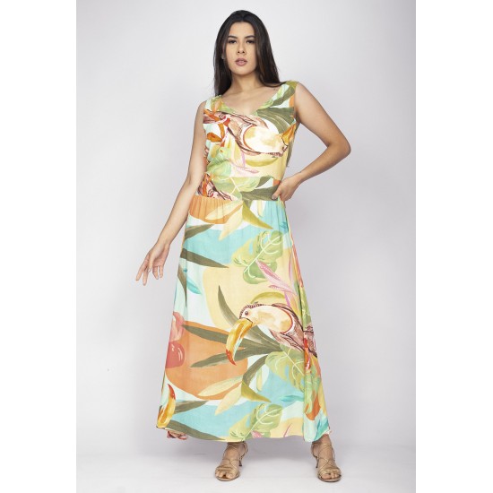 Vestido Midi Plano Estampa Samba das Cores