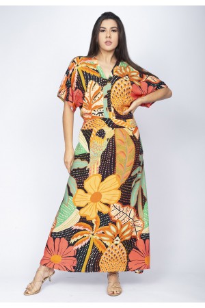 Vestido Midi Viscose Morcego Parati com Elástico Estampa Jardim do Verão