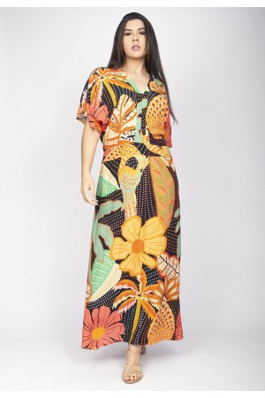 Vestido Midi Viscose Morcego Parati com Elástico Estampa Jardim do Verão