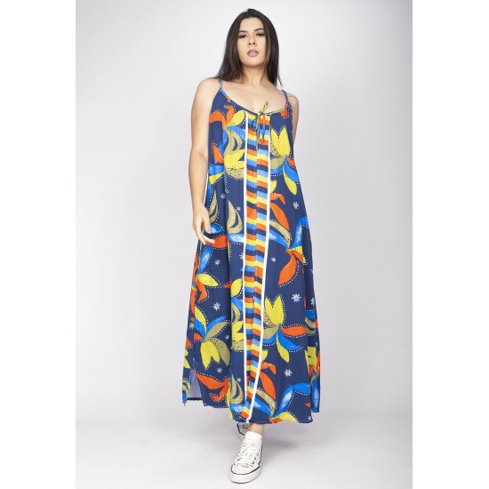 Vestido Longo Caçuá Viscose Alça Fina Estampa Maré Vibrante