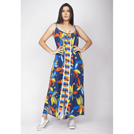 Vestido Longo Caçuá Viscose Alça Fina Estampa Maré Vibrante