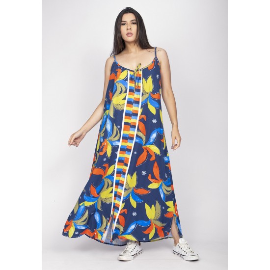 Vestido Longo Caçuá Viscose Alça Fina Estampa Maré Vibrante