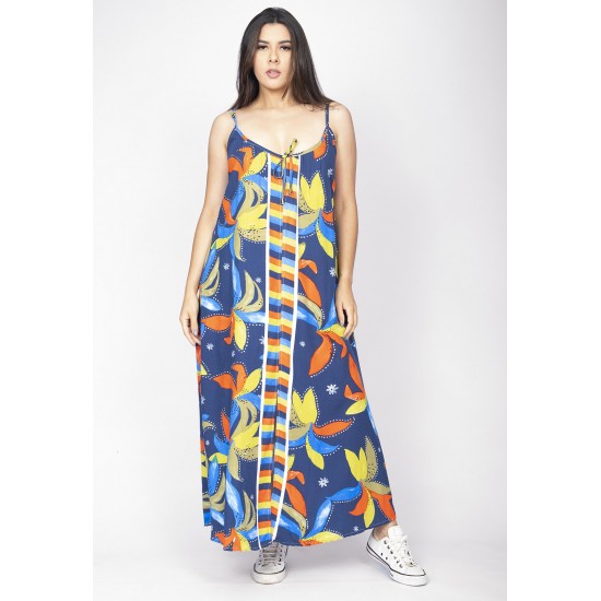 Vestido Longo Caçuá Viscose Alça Fina Estampa Maré Vibrante