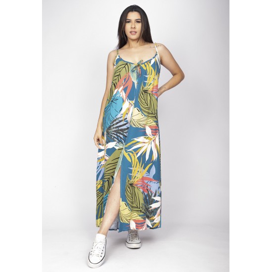 Vestido Longo Caçuá Viscose Alça Fina Estampa Brisa Botânica