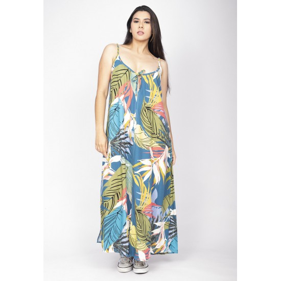 Vestido Longo Caçuá Viscose Alça Fina Estampa Brisa Botânica