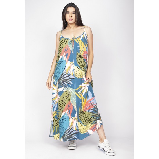 Vestido Longo Caçuá Viscose Alça Fina Estampa Brisa Botânica