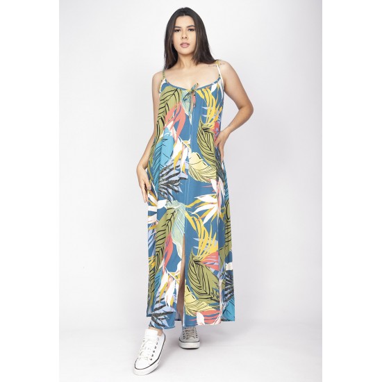 Vestido Longo Caçuá Viscose Alça Fina Estampa Brisa Botânica