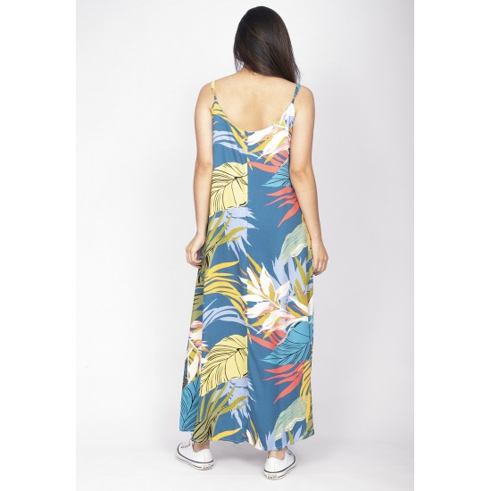 Vestido Longo Caçuá Viscose Alça Fina Estampa Brisa Botânica