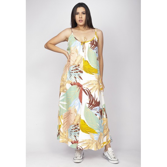 Vestido Longo Caçuá Viscose Alça Fina Estampa Aurora Suave