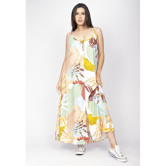 Vestido Longo Caçuá Viscose Alça Fina Estampa Aurora Suave