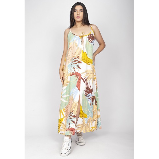 Vestido Longo Caçuá Viscose Alça Fina Estampa Aurora Suave
