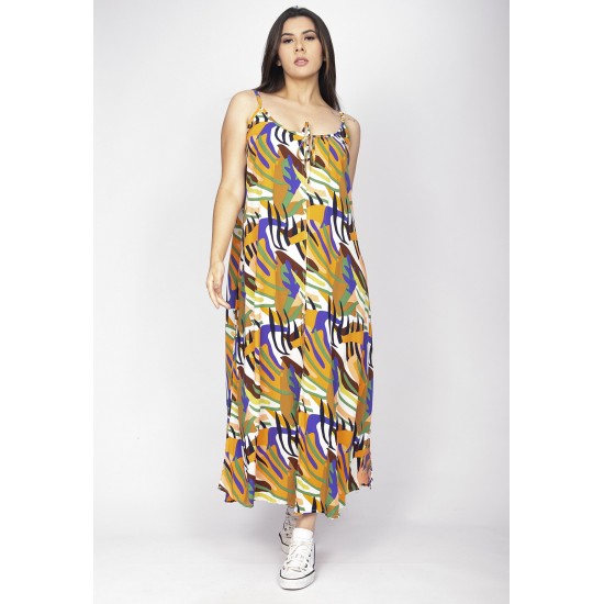 Vestido Longo Caçuá Viscose Alça Fina Estampa Cores Vibrantes