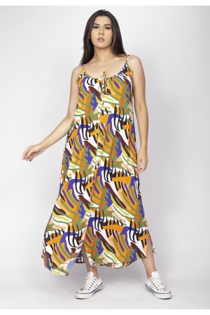 Vestido Longo Caçuá Viscose Alça Fina Estampa Cores Vibrantes