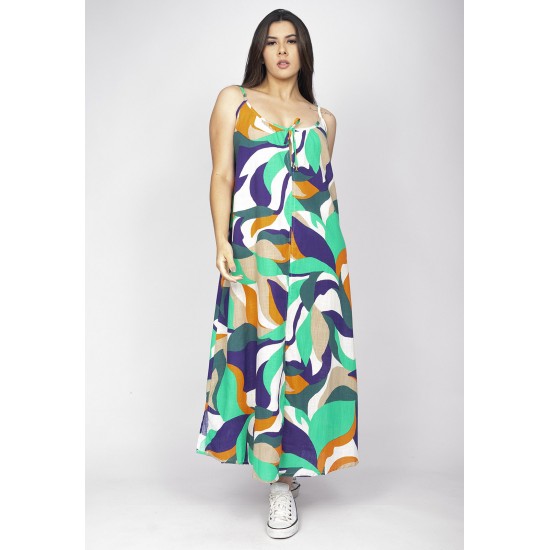 Vestido Longo Caçuá Viscose Alça Fina Estampa Brisa do Mar