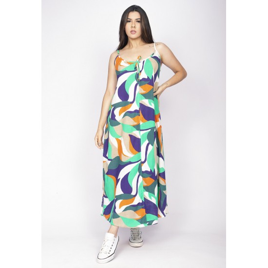 Vestido Longo Caçuá Viscose Alça Fina Estampa Brisa do Mar