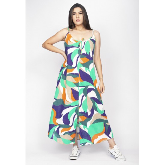 Vestido Longo Caçuá Viscose Alça Fina Estampa Brisa do Mar