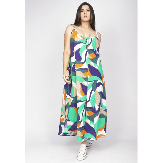 Vestido Longo Caçuá Viscose Alça Fina Estampa Brisa do Mar