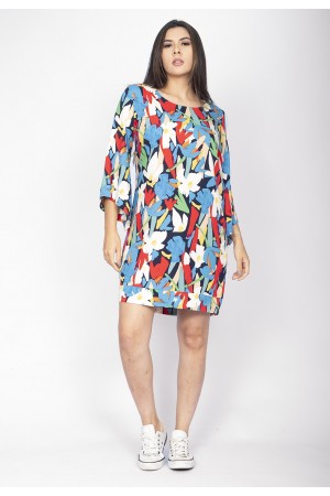 Vestido Curto Viscose Balli Manga Ampla Estampa Floresce