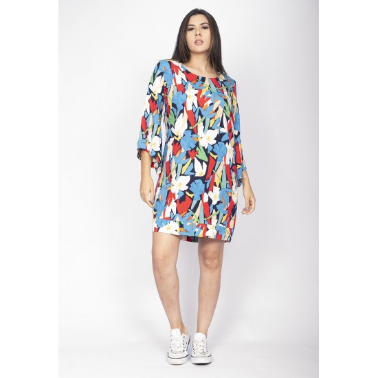 Vestido Curto Viscose Balli Manga Ampla Estampa Floresce