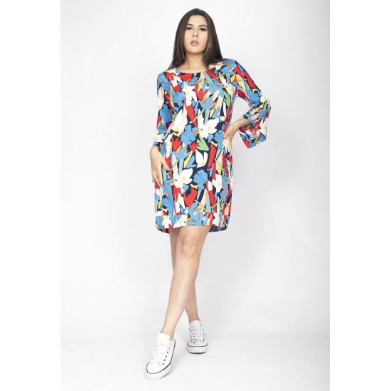 Vestido Curto Viscose Balli Manga Ampla Estampa Floresce