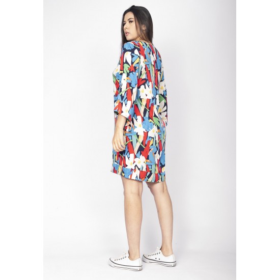 Vestido Curto Viscose Balli Manga Ampla Estampa Floresce