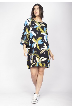 Vestido Curto Viscose Balli Manga Ampla Estampa Jardim Noturno