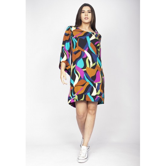 Vestido Curto Viscose Balli Manga Ampla Estampa Aurora Urbana