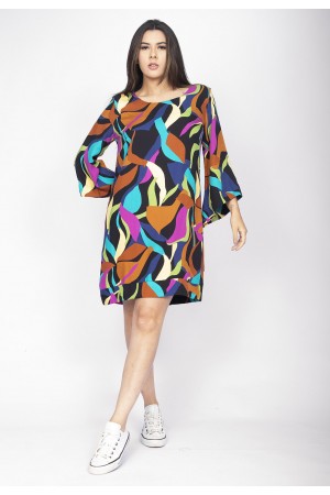 Vestido Curto Viscose Balli Manga Ampla Estampa Aurora Urbana