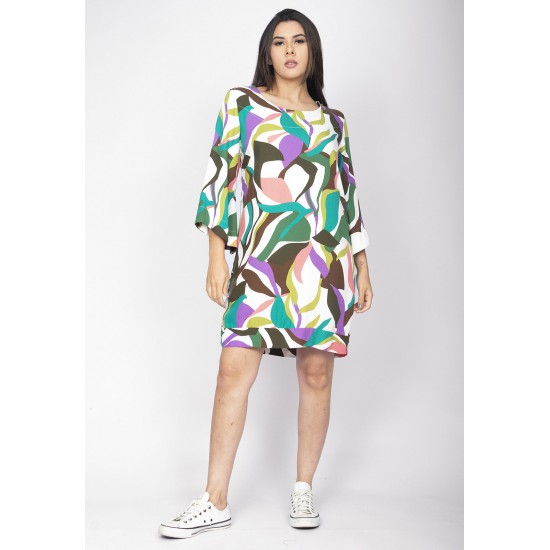Vestido Curto Viscose Balli Manga Ampla Estampa Encanto Botânico