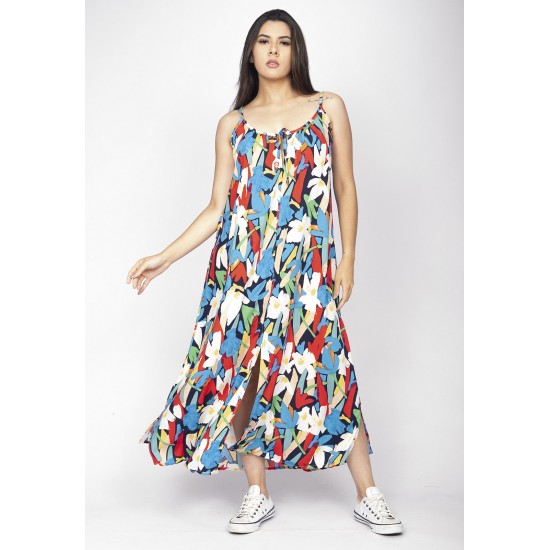 Vestido Longo Caçuá Viscose Alça Fina Estampa Floresce
