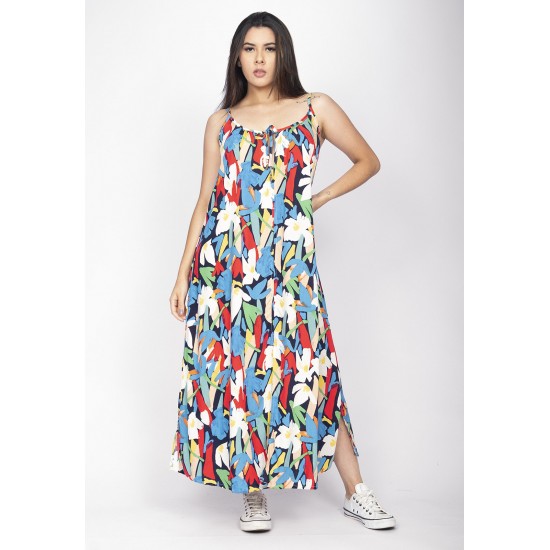 Vestido Longo Caçuá Viscose Alça Fina Estampa Floresce