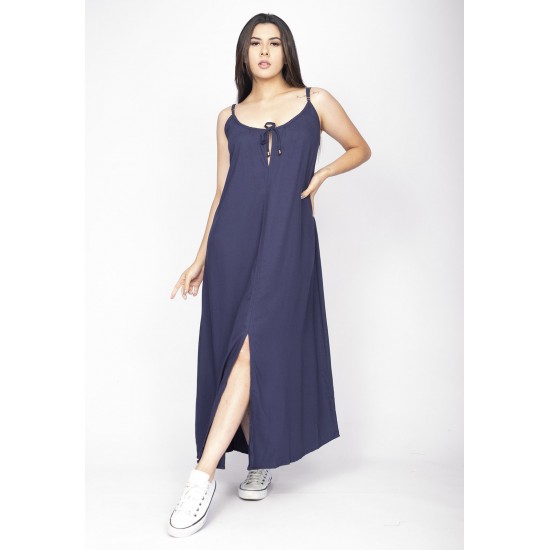 Vestido Longo Caçuá Viscose Alça Fina Azul Marinho