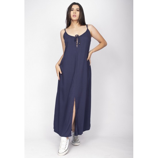 Vestido Longo Caçuá Viscose Alça Fina Azul Marinho