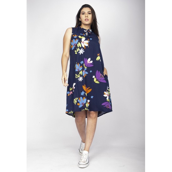 Vestido Midi Viscose Regata Piaf Estampa Festa das Flores Azul
