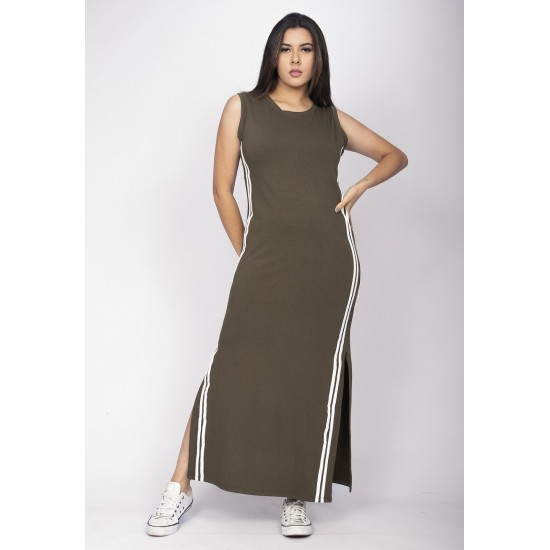 Vestido Midi Faixa Lateral Verde Militar