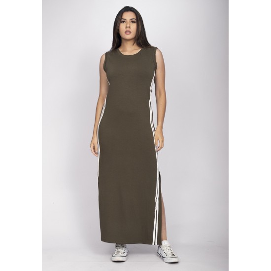 Vestido Midi Faixa Lateral Verde Militar