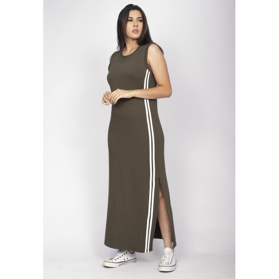 Vestido Midi Faixa Lateral Verde Militar