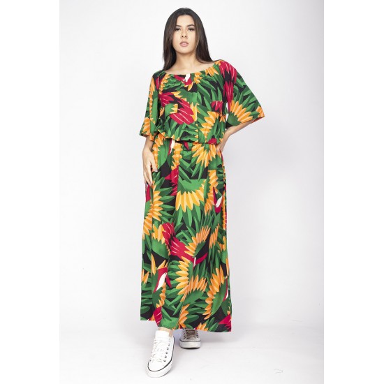Vestido Midi Viscose Ciganinha com Lapela Estampa Festa dos Tucanos