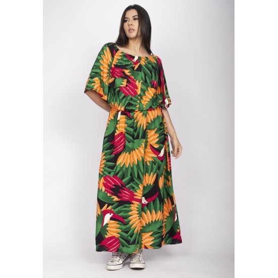 Vestido Midi Viscose Ciganinha com Lapela Estampa Festa dos Tucanos