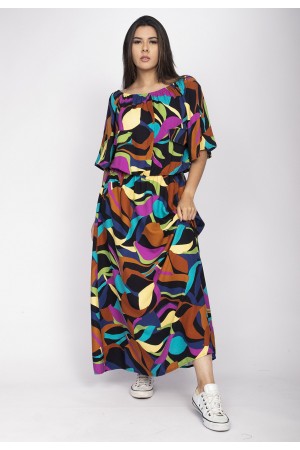 Vestido Midi Viscose Ciganinha com Lapela Estampa Aurora Urbana