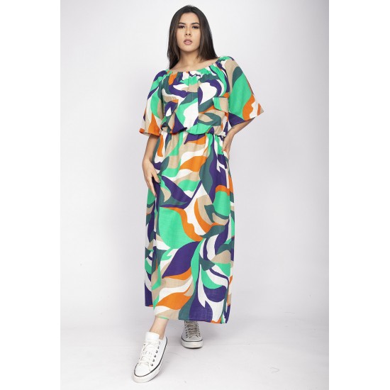 Vestido Midi Viscose Ciganinha com Lapela Estampa Brisa do Mar