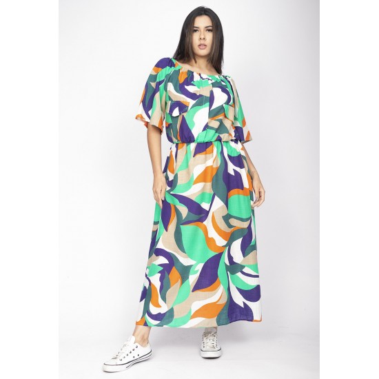 Vestido Midi Viscose Ciganinha com Lapela Estampa Brisa do Mar