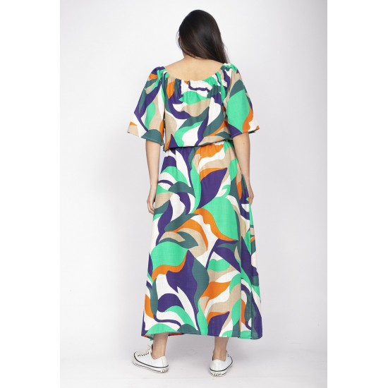 Vestido Midi Viscose Ciganinha com Lapela Estampa Brisa do Mar