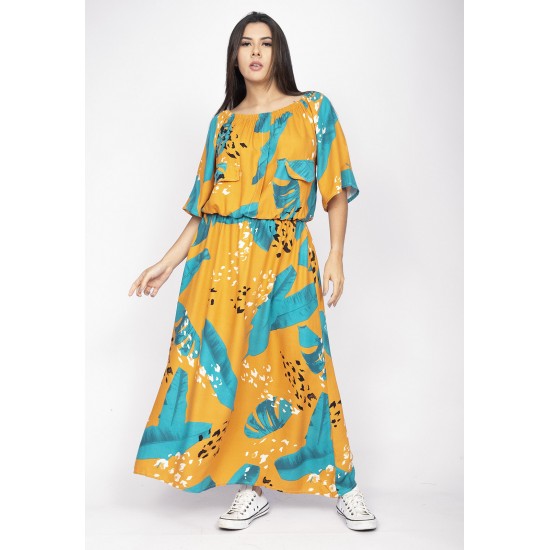 Vestido Midi Viscose Ciganinha com Lapela Estampa Aurora Botânica