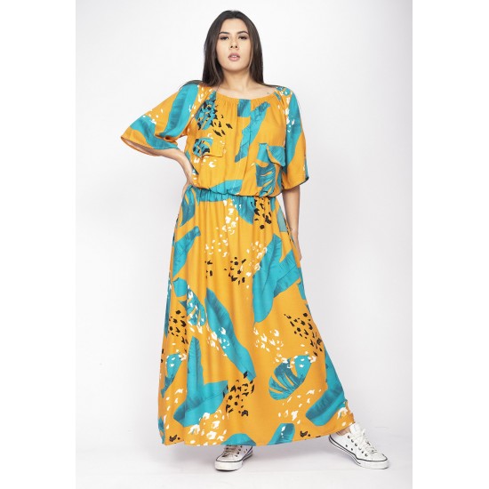 Vestido Midi Viscose Ciganinha com Lapela Estampa Aurora Botânica