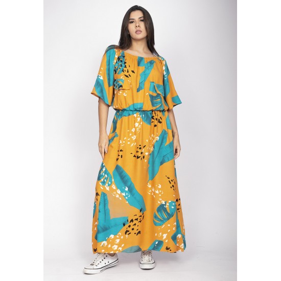 Vestido Midi Viscose Ciganinha com Lapela Estampa Aurora Botânica