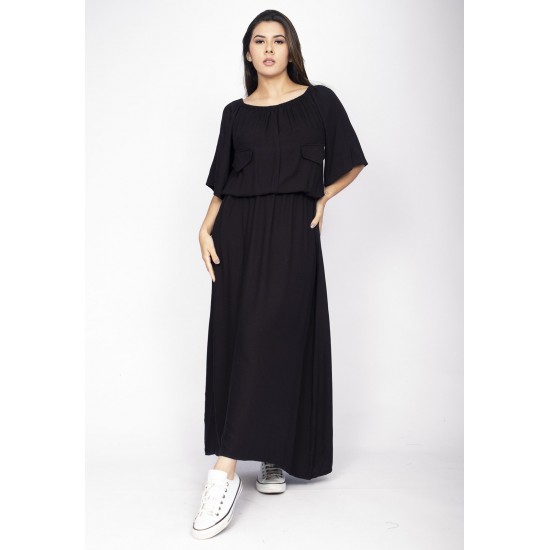 Vestido Midi Viscose Ciganinha com Lapela Preto